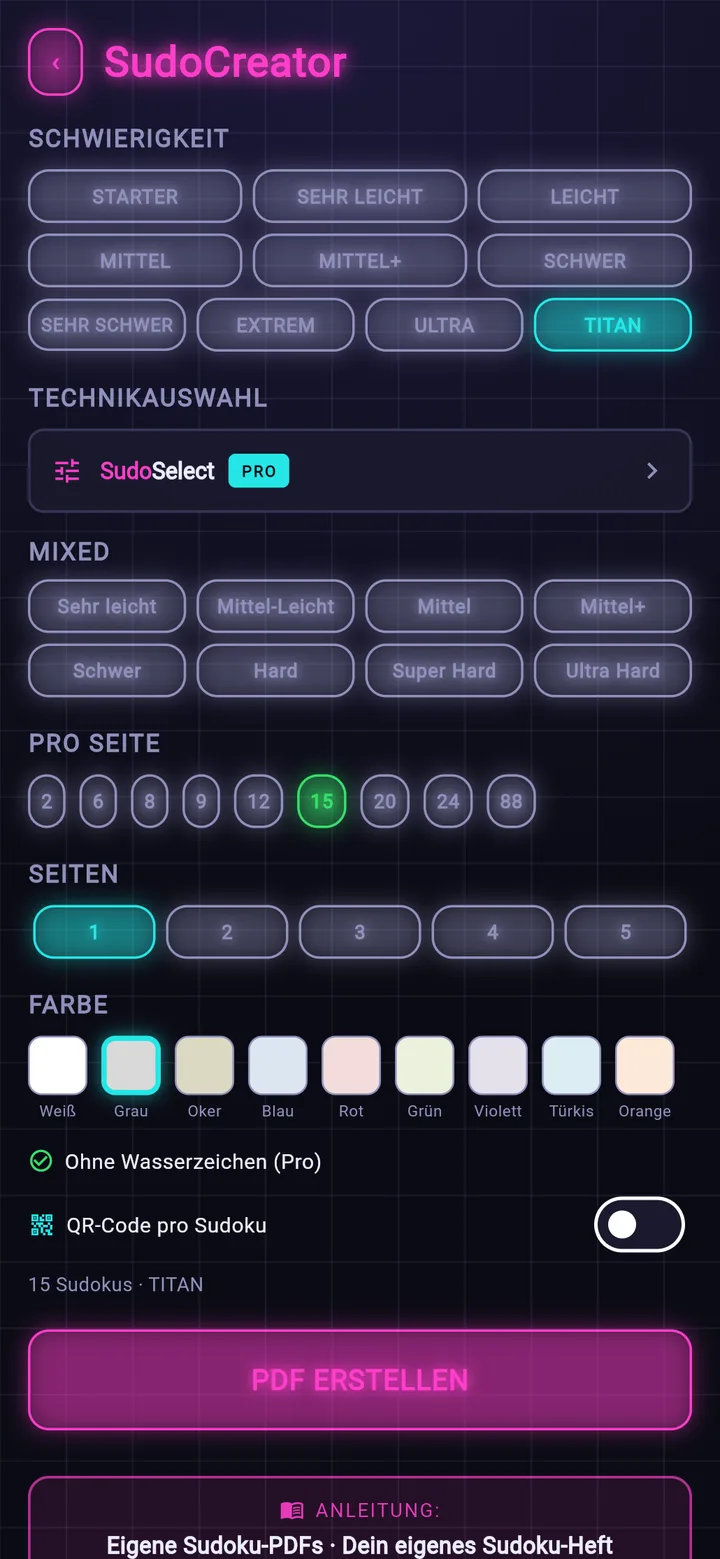 SudoCreator: Schwierigkeit, Layout und Papierfarbe für das eigene Heft
