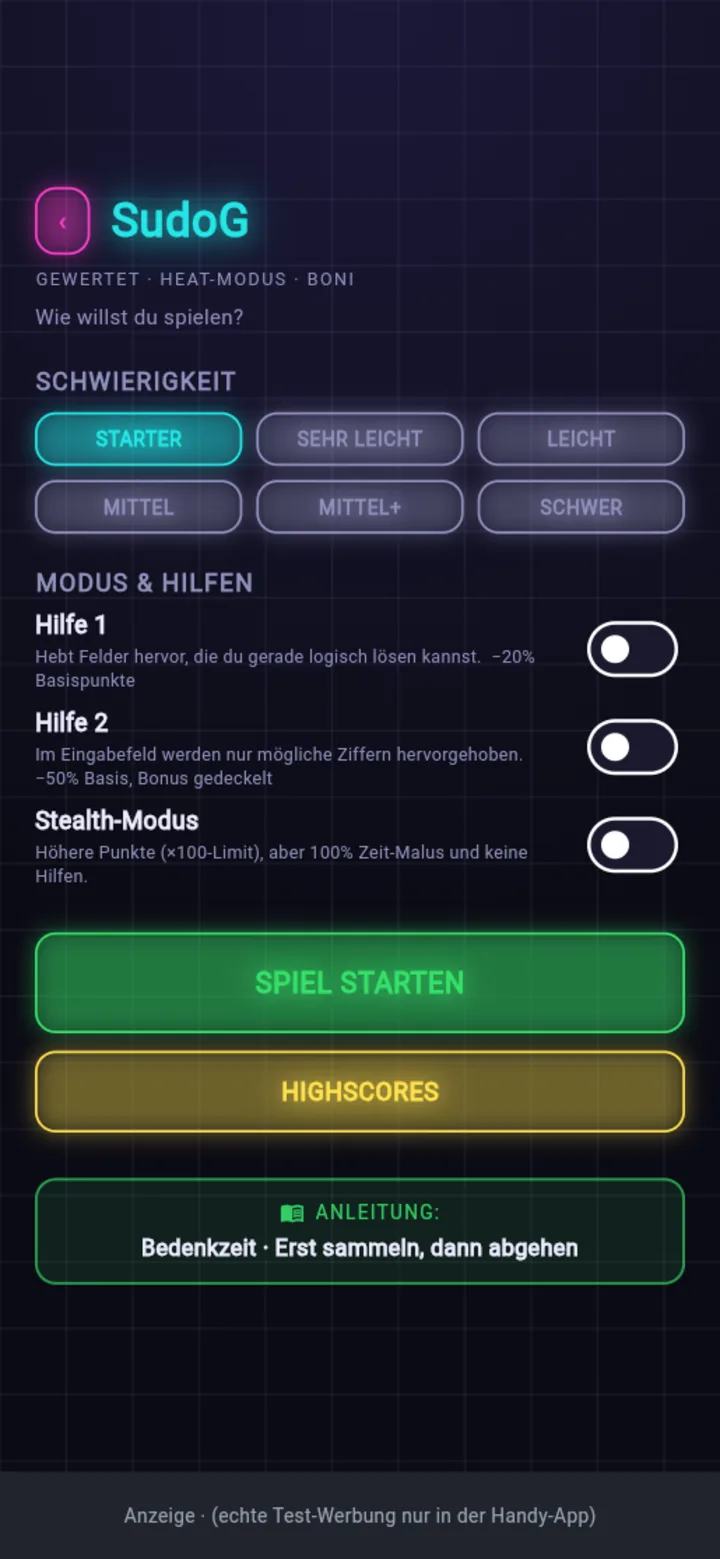 SudoG: Auswahl der Schwierigkeit, Hilfen und Stealth-Modus