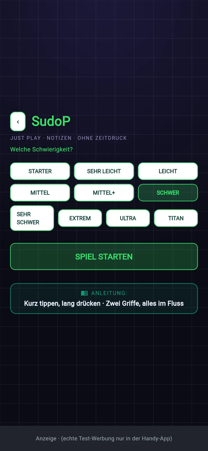 SudoP: Auswahl der Schwierigkeit von Starter bis Titan