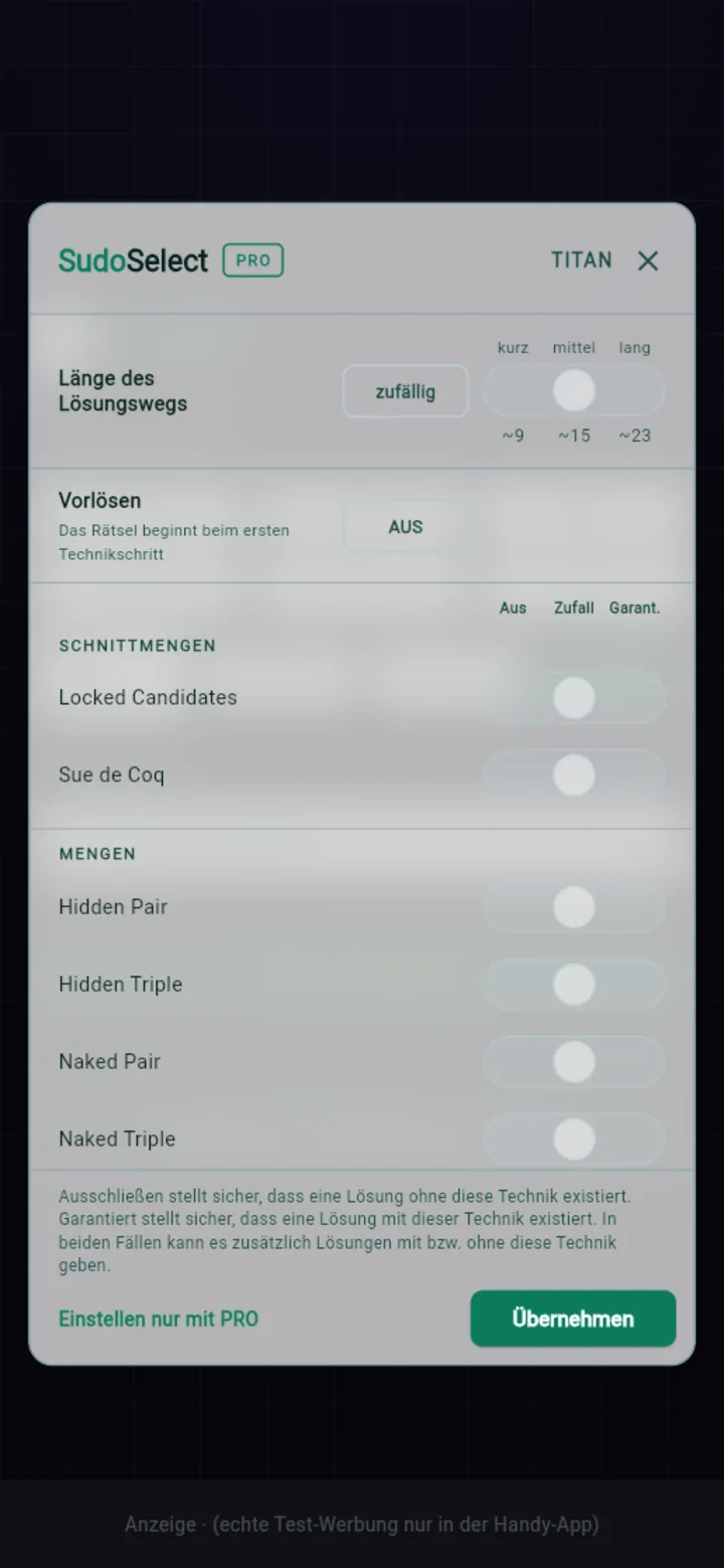 SudoSelect in SudoP: Weglänge, Vorlösen und Technikgruppen für ein Titan-Rätsel